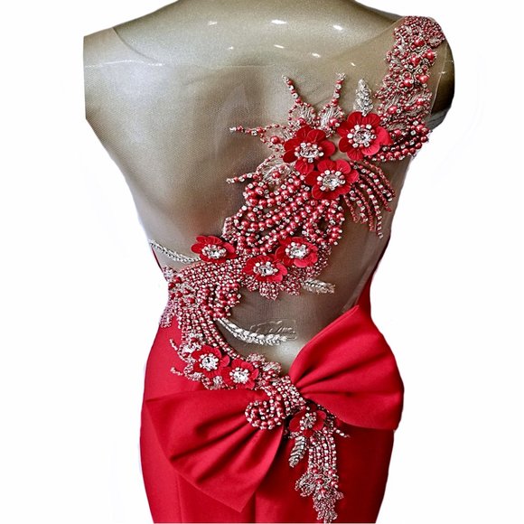 Vintage TATIK EDIZ Red Beaded Floral Detailed Evening Gown - Picture 8 of 11